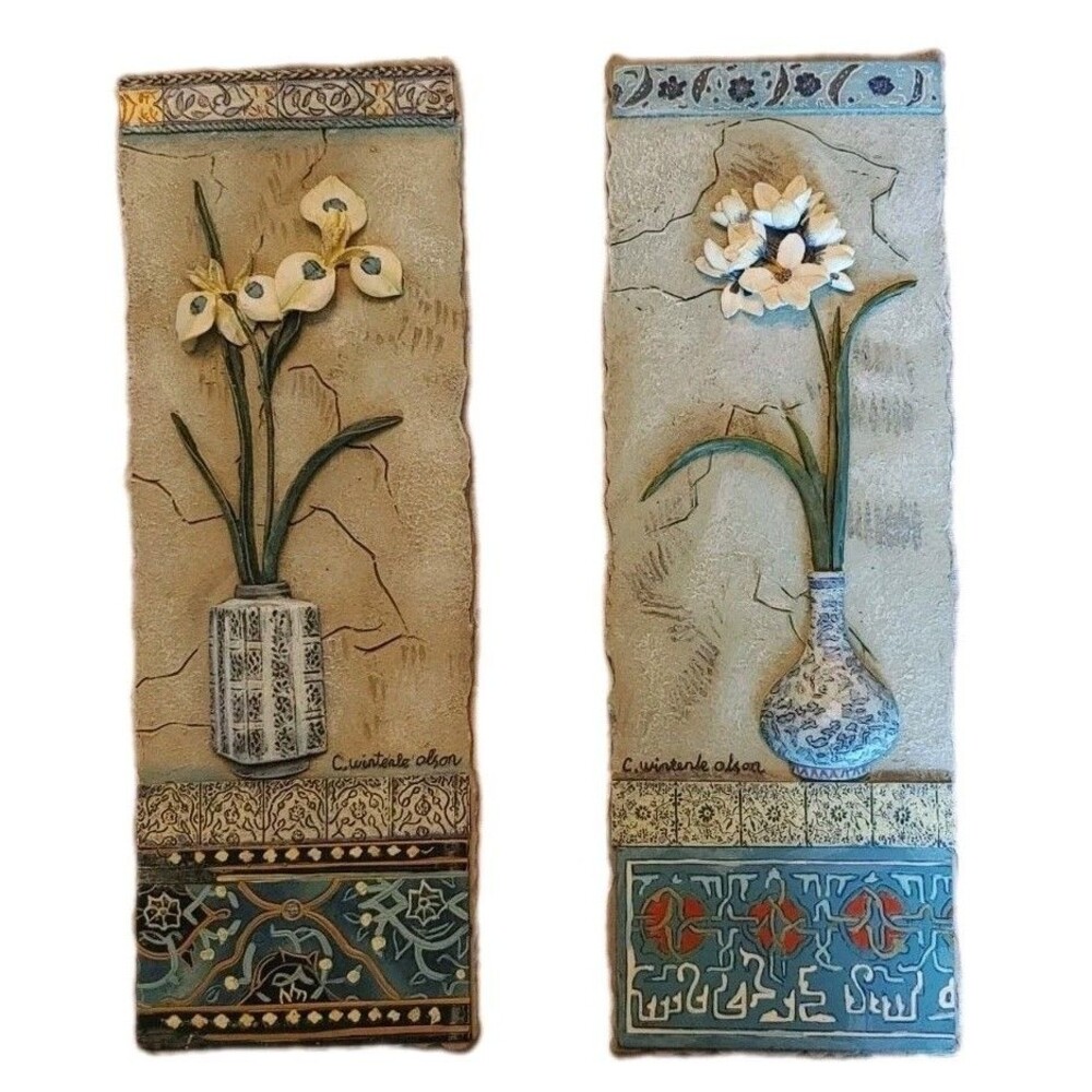 Vintage C. Winterle Olson Signed Ceramic Floral 3D Wall Art Plaques Set of 2